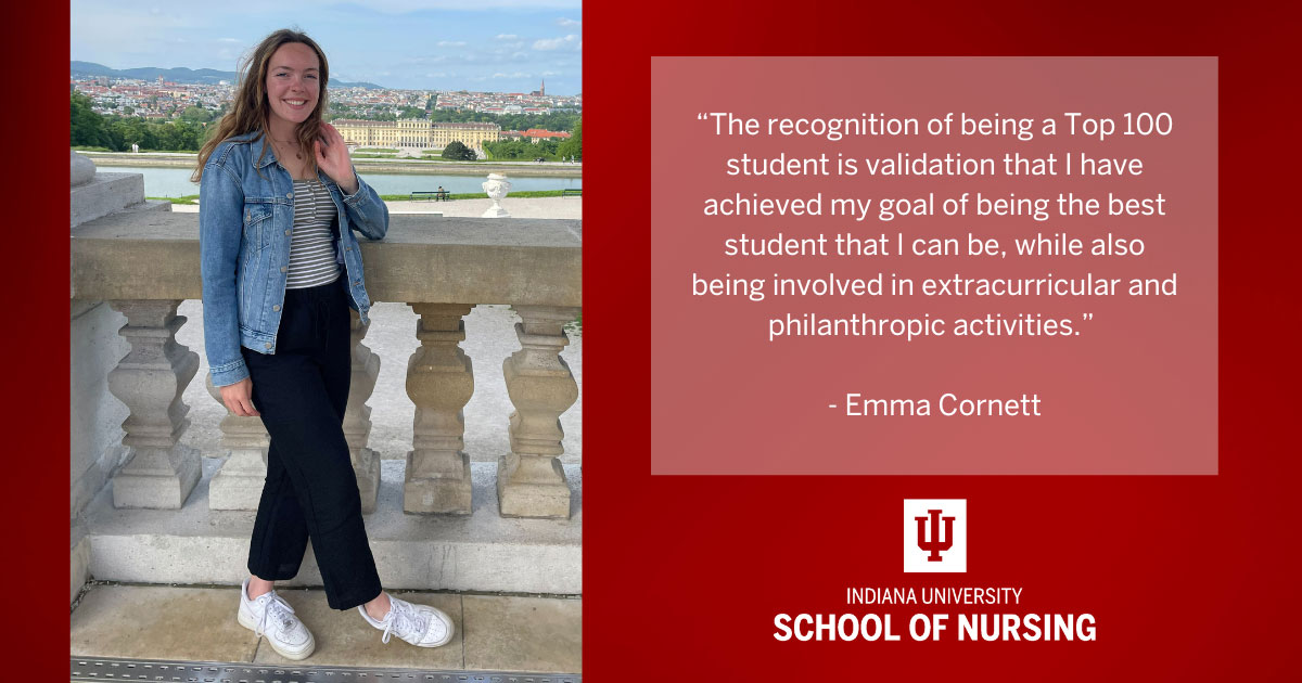 Graphic with an image of nursing student Emma Cornett, a quote from the article, and the IU School of Nursing logo