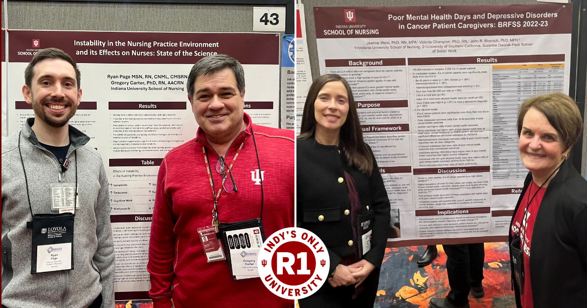 Image with two photos. The first photo includes PhD student Ryan Page and Dr. Greg Carter posing by a poster. The second photo includes Dr. Jeanne Ward, a postdoctoral fellow, and Dr. Victoria Champion posing by a poster. Both photos were taken during the Midwest Nursing Research Society's 49th Annual Research Conference in Indianapolis.