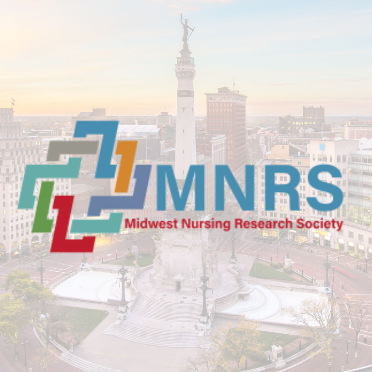 Midwest Nursing Research Society logo with a faded, light image of the Monument Circle in Indianapolis in the background