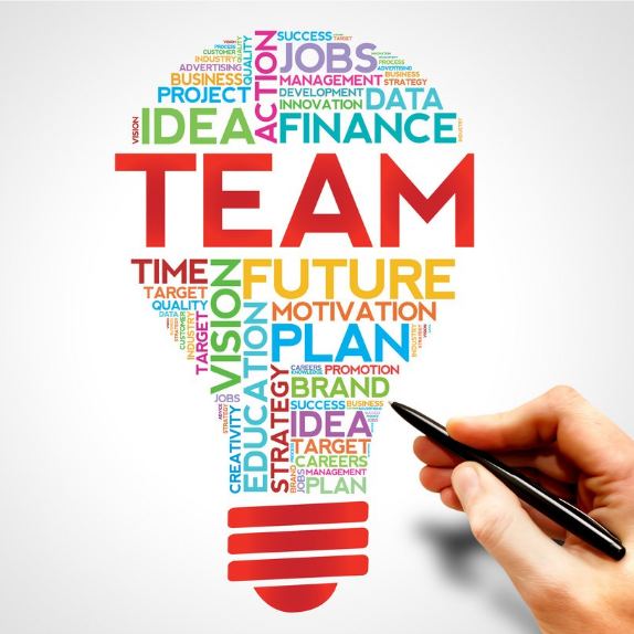 Illustration of lightbulb containing words about leaders and teams